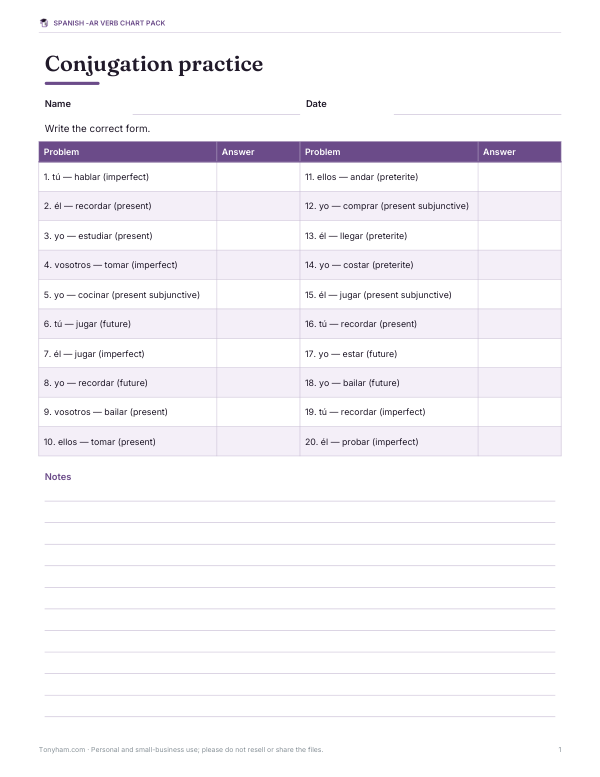 Preview of Spanish AR Verb Practice Worksheet